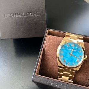 Michael Kors Unisex Gold-tone with Aqua/Topaz Face Watch